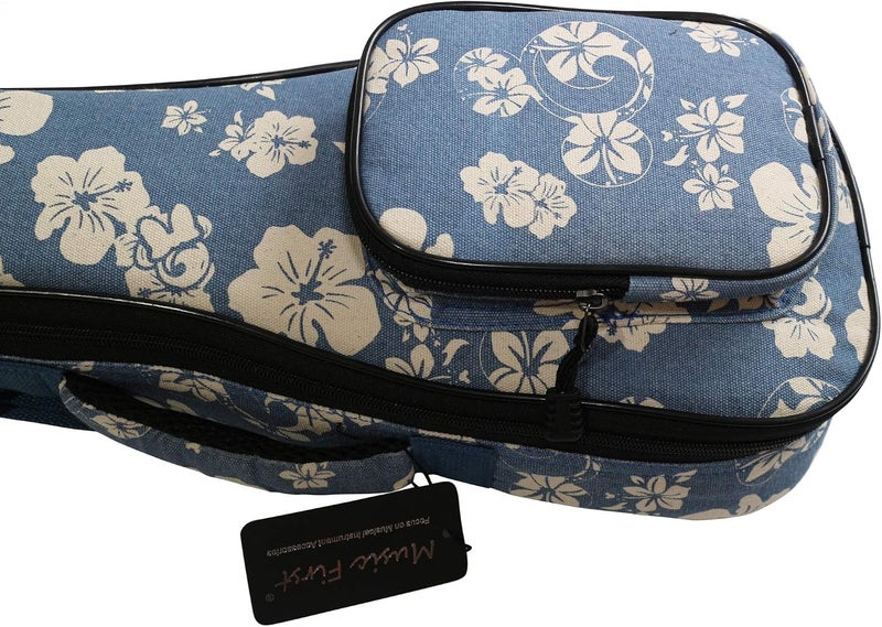 MUSIC FIRST Padded Hawaii Style Blue and White Plumeria Canvas Ukulele Case for 23-24 inch Concert Ukulele - Image 3