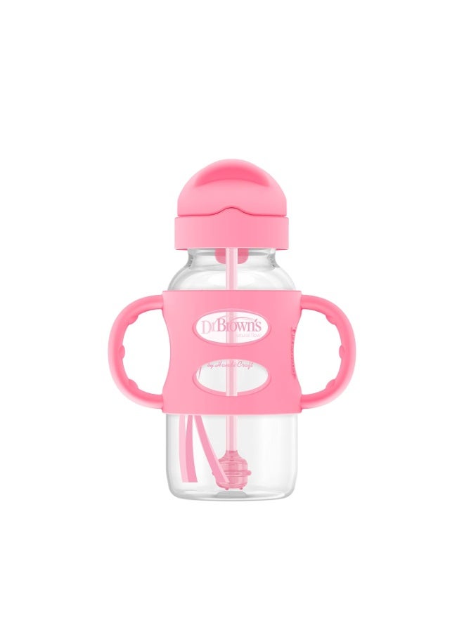 Dr. Brown's Dr. Brown's Milestones Wide-Neck Sippy Straw Bottle with 100% Silicone Handles and Weighted Straw, 9 oz/270 mL, Pink, 6m+  - Image 1