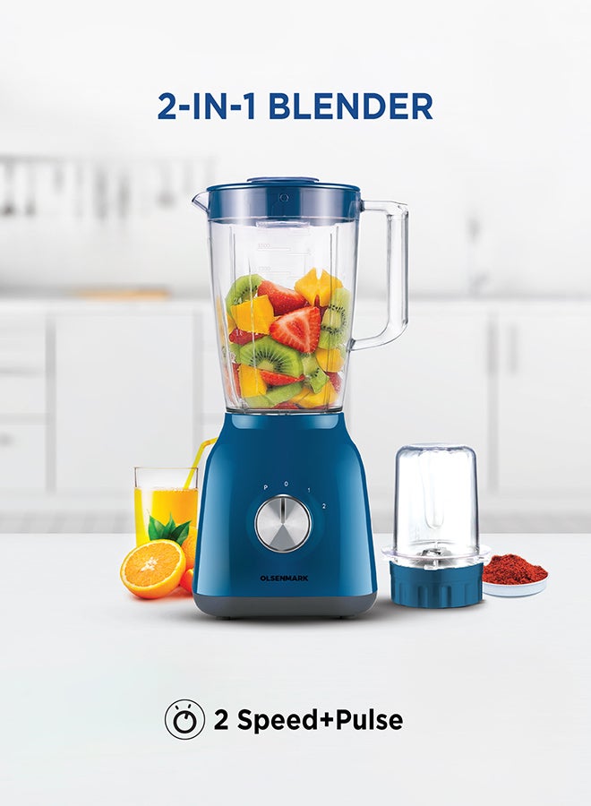 Olsenmark 2-In-1 Juicer Blender Chopper Set 1.8 L OMSB2238, 650W Powerful Motor With 2 Speed Setting And Pulse, Transparent And Unbreakable Plastic Jars With Stainless Steel Blade, Grinder Attachment 1.8 L 650 W OMSB2238 Blue/Clear - Image 1