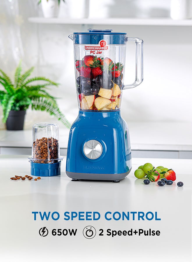Olsenmark 2-In-1 Juicer Blender Chopper Set 1.8 L OMSB2238, 650W Powerful Motor With 2 Speed Setting And Pulse, Transparent And Unbreakable Plastic Jars With Stainless Steel Blade, Grinder Attachment 1.8 L 650 W OMSB2238 Blue/Clear - Image 2