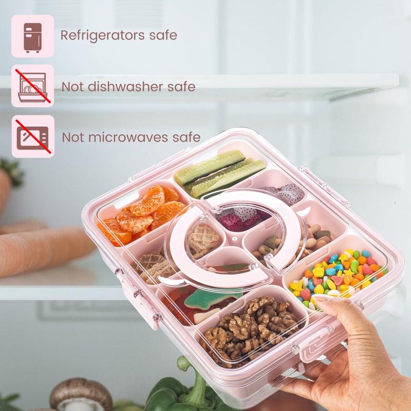 Dingerjar Divided Serving Tray with Lid and Handle - Snackle Box Charcuterie Container for Portable Snack Platters Organizer for Candy, Fruits, Nuts, Snacks - Perfect for Party, Entertaining, Pink - Image 4