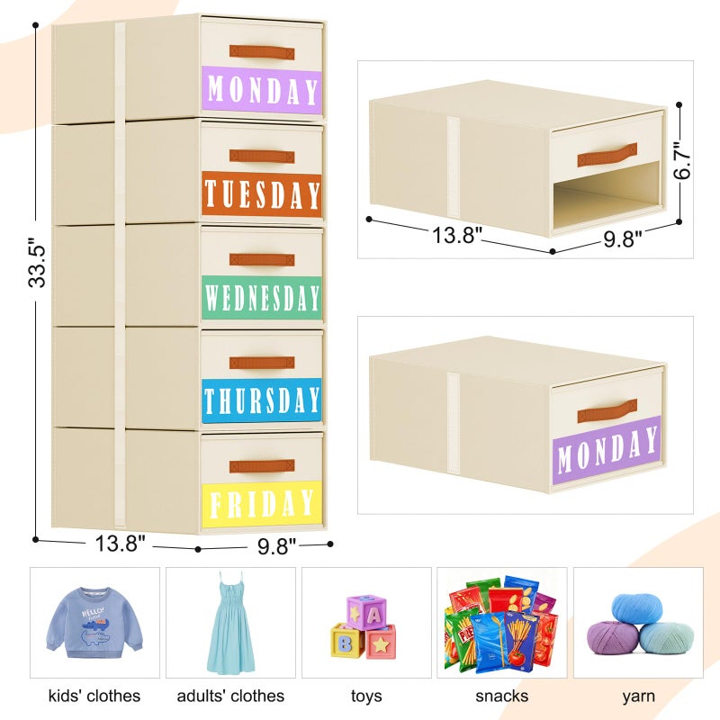 Easortm Stackable Storage Drawers - Pull Out Storage Bins with Drawers for Closet Clothes Organizers with Weekly Labels & Clear Window, Closet Shelf Storage for Bedroom, Living Room, 5 Pack, Beige - Image 2