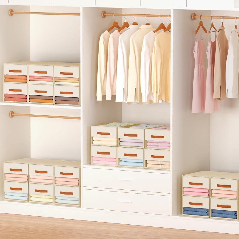 Easortm Stackable Storage Drawers - Pull Out Storage Bins with Drawers for Closet Clothes Organizers with Weekly Labels & Clear Window, Closet Shelf Storage for Bedroom, Living Room, 5 Pack, Beige - Image 4