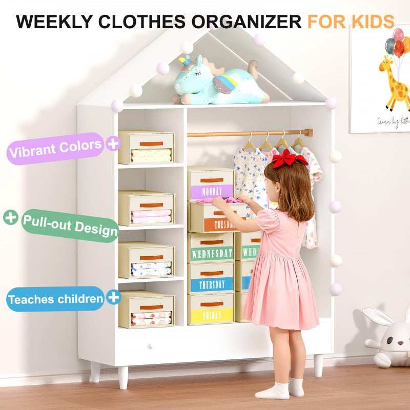 Easortm Stackable Storage Drawers - Pull Out Storage Bins with Drawers for Closet Clothes Organizers with Weekly Labels & Clear Window, Closet Shelf Storage for Bedroom, Living Room, 5 Pack, Beige - Image 5