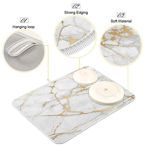 Wamika Marble White Dish Drying Mat 18x24 for Kitchen Golden Grey Marble Dishes Pad Dish Drainer Rack Mats Absorbent Fast Dry Kitchen Accessories - Image 4