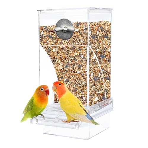 kathson No-Mess Bird Feeder Parrot Integrated Automatic Feeder Seed Food Container Acrylic Finch Foraging Feeders with Perch Cage Accessories for Small Birds Parakeet Canary Cockatiel Lovebirds - Image 1
