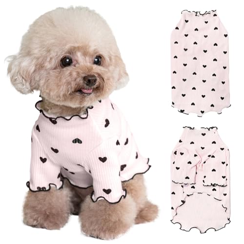 Yaopelky Pet Clothes for Small Dogs Cat Summer Fall Heart Print Shirt Stretchable Ruffle Long Sleeve Outfits for Chihuahua Schnauzer Shih Tzu Yorkie (Pink, Medium) - Image 3