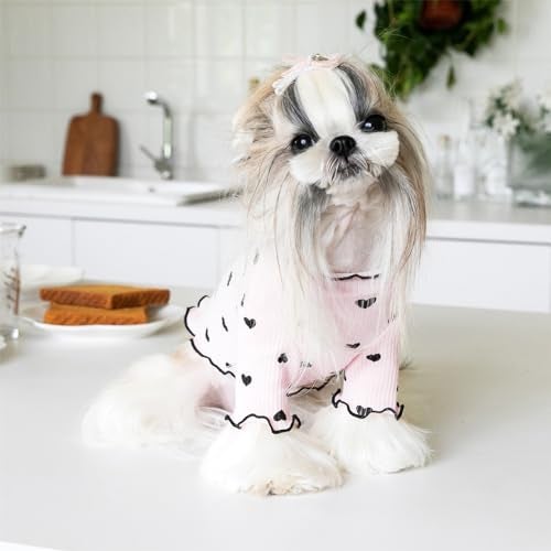 Yaopelky Pet Clothes for Small Dogs Cat Summer Fall Heart Print Shirt Stretchable Ruffle Long Sleeve Outfits for Chihuahua Schnauzer Shih Tzu Yorkie (Pink, Medium) - Image 5