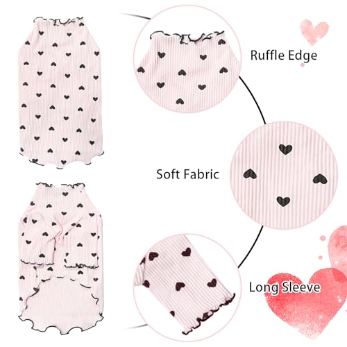 Yaopelky Pet Clothes for Small Dogs Cat Summer Fall Heart Print Shirt Stretchable Ruffle Long Sleeve Outfits for Chihuahua Schnauzer Shih Tzu Yorkie (Pink, Medium) - Image 2