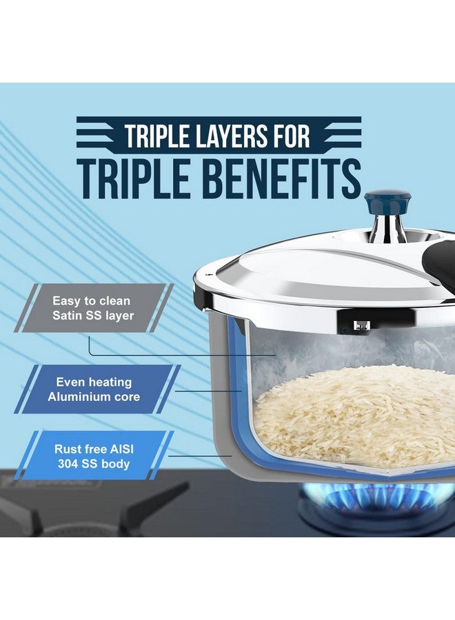 Ultra Duracook Triply Pressure Cooker 2 Litre | Aisi 304 Food Grade Stainless Steel Cooker | 5 Years Warranty | Injection Moulded Handles | Induction Compatible | 1.2 Mm Lid Thickness | Scts Base - Image 2