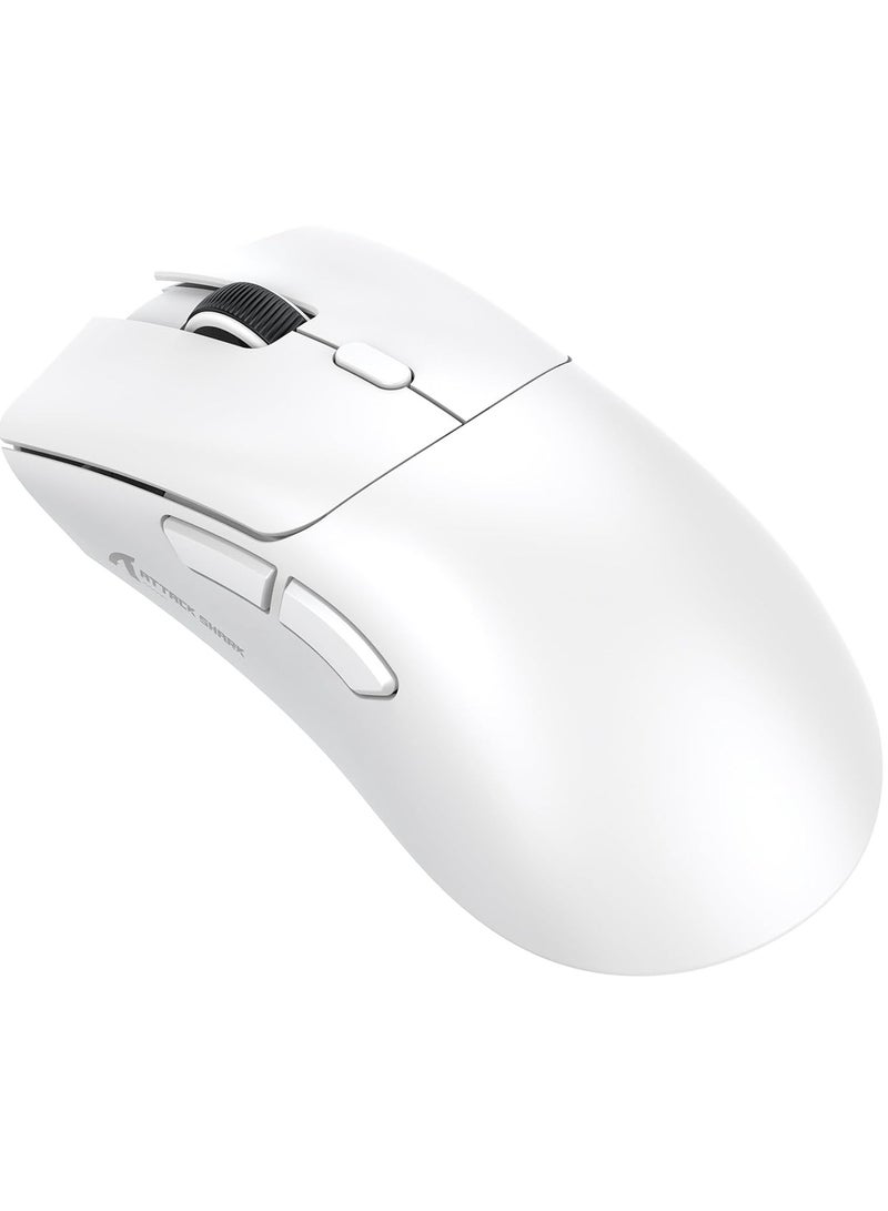 هجوم القرش ماوس العاب هجوم القرش R1 فائق الخفة 59 جرام مع شريط ماوس ألعاب لاسلكي/سلكي بتقنية البلوتوث/2.4 جيجاهرتز دقة 6 نقاط في البوصة قابلة للتعديل حتى 18000 بطارية تدوم 65 ساعة تاتي مع ملصق اللون أبيض - Image 1