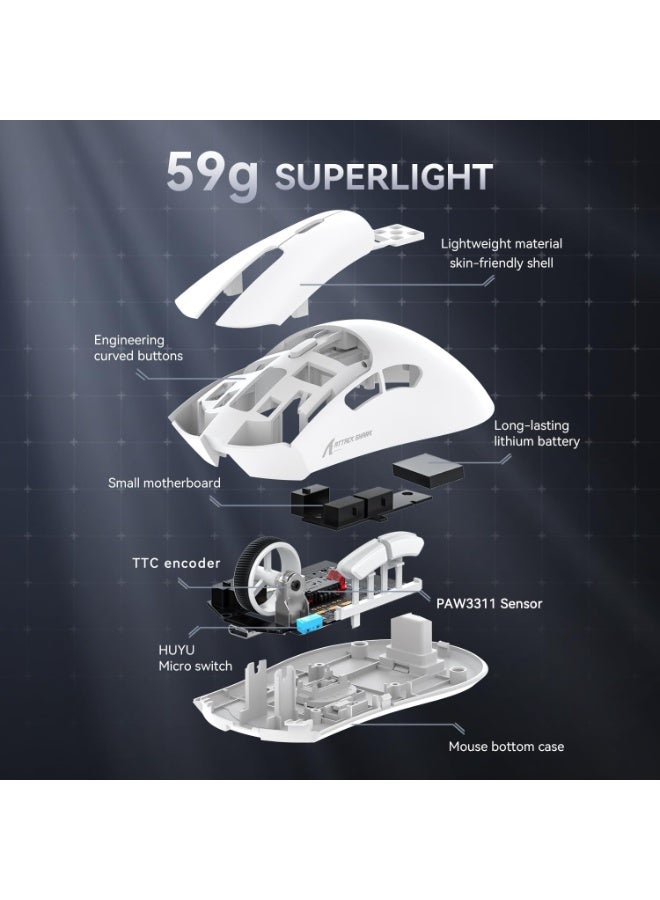 هجوم القرش ماوس العاب هجوم القرش R1 فائق الخفة 59 جرام مع شريط ماوس ألعاب لاسلكي/سلكي بتقنية البلوتوث/2.4 جيجاهرتز دقة 6 نقاط في البوصة قابلة للتعديل حتى 18000 بطارية تدوم 65 ساعة تاتي مع ملصق اللون أبيض - Image 2