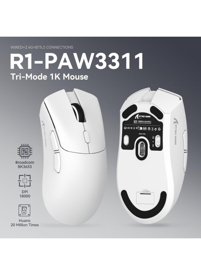 هجوم القرش ماوس العاب هجوم القرش R1 فائق الخفة 59 جرام مع شريط ماوس ألعاب لاسلكي/سلكي بتقنية البلوتوث/2.4 جيجاهرتز دقة 6 نقاط في البوصة قابلة للتعديل حتى 18000 بطارية تدوم 65 ساعة تاتي مع ملصق اللون أبيض - Image 4