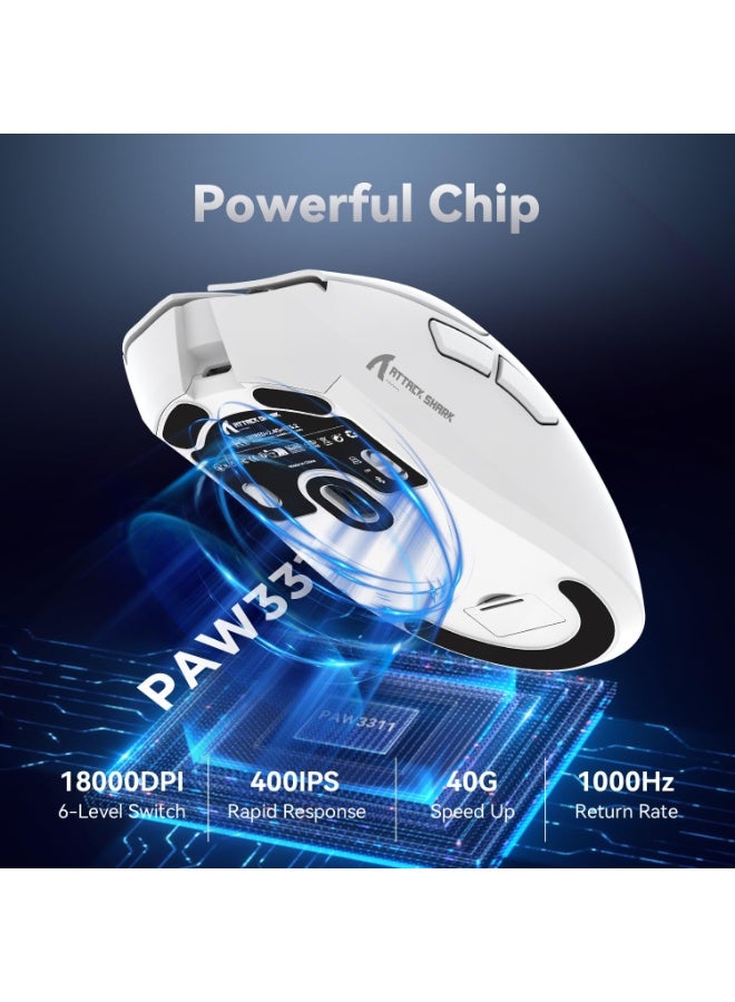 هجوم القرش ماوس العاب هجوم القرش R1 فائق الخفة 59 جرام مع شريط ماوس ألعاب لاسلكي/سلكي بتقنية البلوتوث/2.4 جيجاهرتز دقة 6 نقاط في البوصة قابلة للتعديل حتى 18000 بطارية تدوم 65 ساعة تاتي مع ملصق اللون أبيض - Image 5