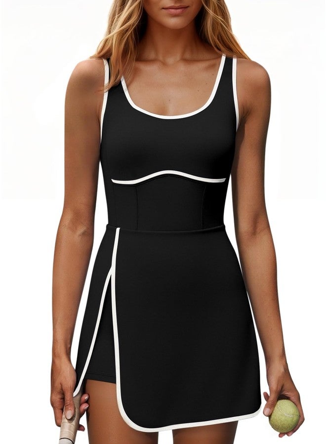 Fisoew Womens Workout Tennis Dress with Built-in Bra & Shorts Pockets Sleeveless Cutout Golf Athletic Mini Dresses Black - Image 1