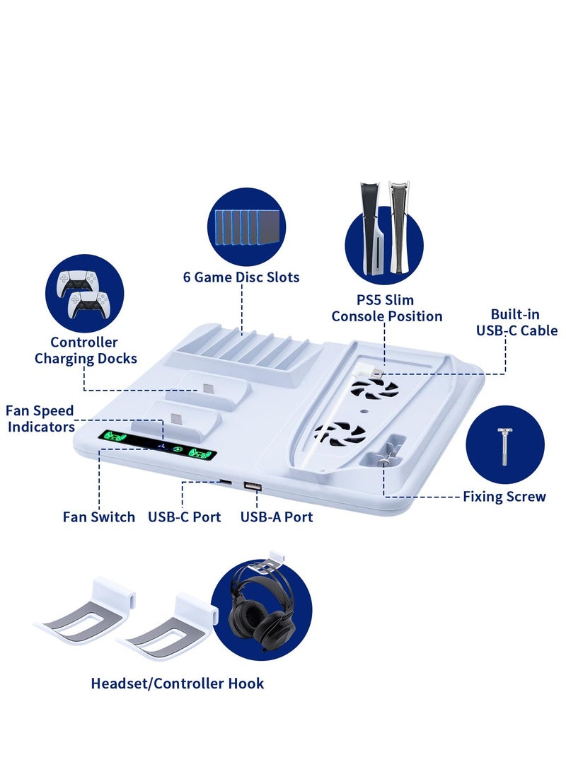PS5 Slim Cooling Stand Dock with Dual PS5 Controllers Charging Station For PS5 Slim Console Cooling Station with 6 Game Disc Slot Organizer/with 2 Headphone Hangers - Image 5