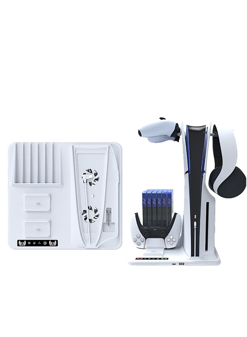 PS5 Slim Cooling Stand Dock with Dual PS5 Controllers Charging Station For PS5 Slim Console Cooling Station with 6 Game Disc Slot Organizer/with 2 Headphone Hangers - Image 3