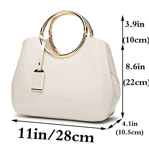 Rullar Women Elegant Handbag and Purse Top Handle Bag Patent Leather Tote Satchel Shoulder Clutch Crossbody Bag with Pendant Beige - Image 2