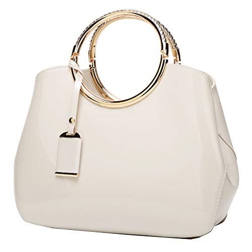 Rullar Women Elegant Handbag and Purse Top Handle Bag Patent Leather Tote Satchel Shoulder Clutch Crossbody Bag with Pendant Beige - Image 1