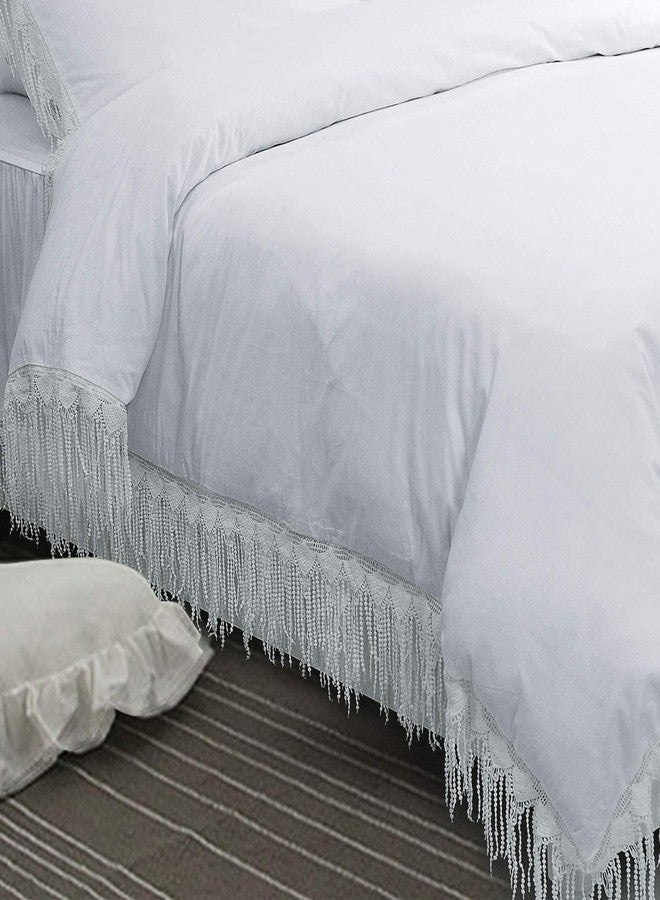 FADFAY 4 Piece Boho Duvet Cover Set California King, Bohemian Chic Cotton Bedding with Bedskirt, Elegant Tassel Accents, Pure White - Image 1