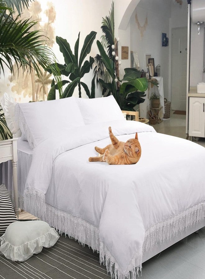 FADFAY 4 Piece Boho Duvet Cover Set California King, Bohemian Chic Cotton Bedding with Bedskirt, Elegant Tassel Accents, Pure White - Image 5