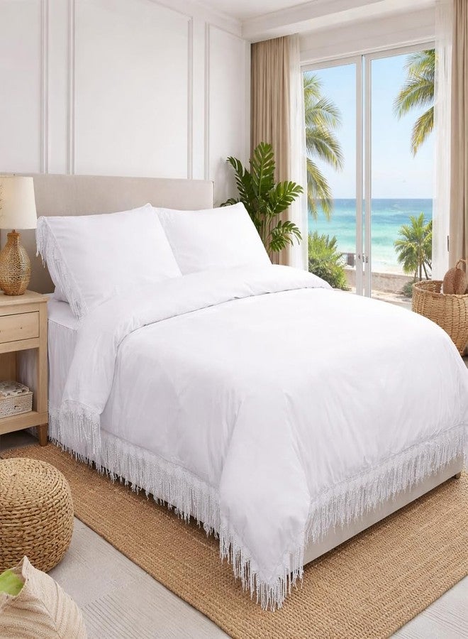 FADFAY 4 Piece Boho Duvet Cover Set California King, Bohemian Chic Cotton Bedding with Bedskirt, Elegant Tassel Accents, Pure White - Image 2