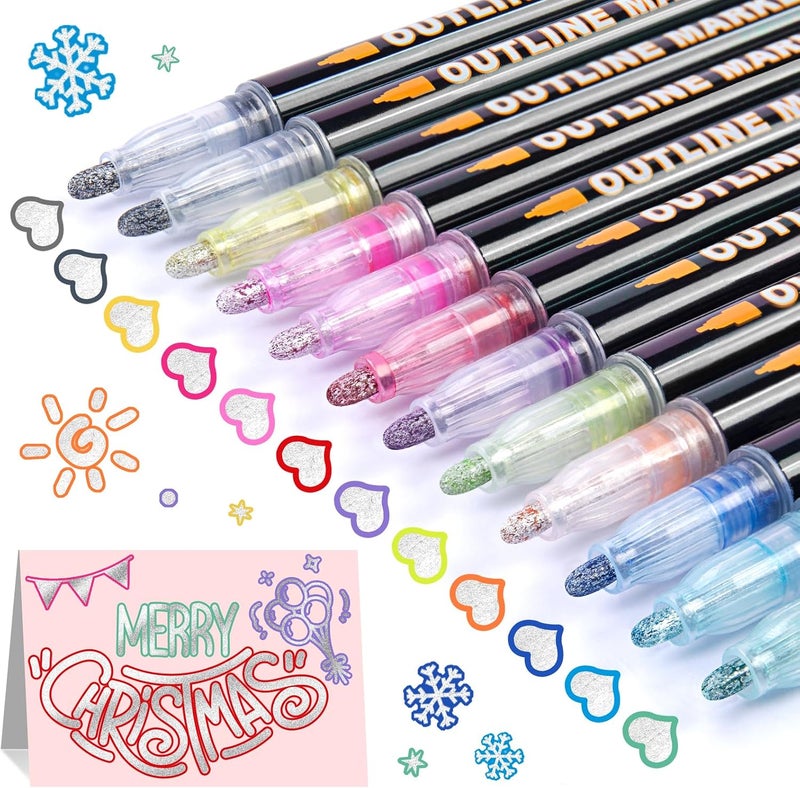 AKARUED Outline Markers for Teens & Tween Girls, Shimmer Metallic Glitter Marker, 12 Cool Pen for Doodling Drawing, Trendy Cute Arts Crafts Supplies & Stocking Stuffers for Teenage  Girls - Image 1