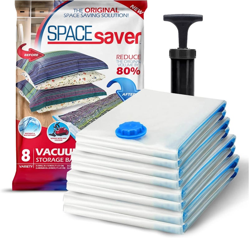 Spacesaver Vacuum Storage Bags with Hand Pump - Vacuum Seal Bags for Clothing, Comforters, Blankets - Reusable Compression Bags for Travel, Moving, Organization - 2S, 2M, 2L, 2XL Sizes - Pack of 8 - Image 1