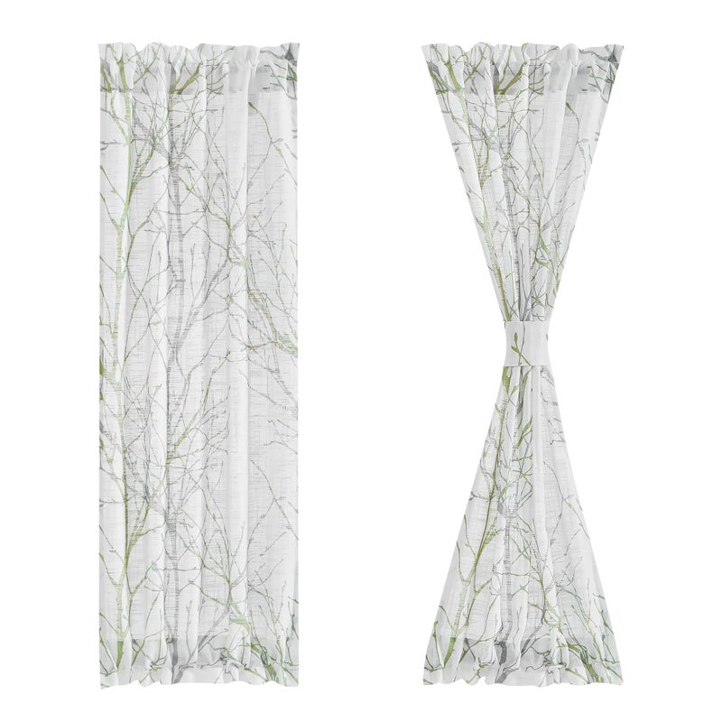 FMFUNCTEX Sidelight Sheer French Door Curtains 72 Inches Long White Green and Grey Print Branch SemiSheer Door Panels for Front Patio Door 24 Inches Wide 2 Panels Set