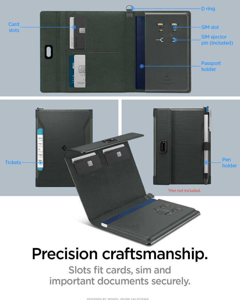 Spigen Life Passport Card Cover Holder Passport Wallet Travel Documents Organizer Protector Passport Holder Travel Accessories with RFID Blocking Technology SIM Card Pin Included - Military Green | Travel Document Organizer, SIM Card Pin Included - Black - Image 3