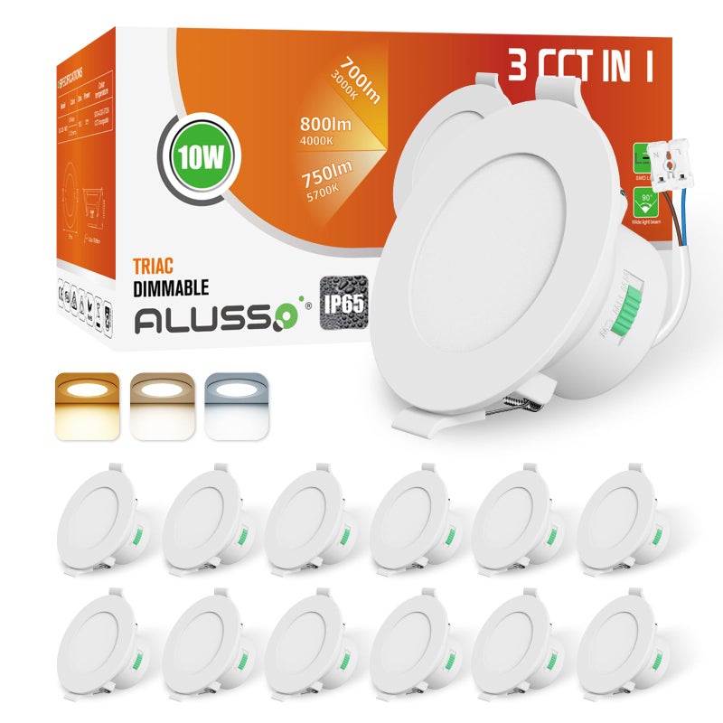 ALUSSO LED Recessed Spotlights, IP65, Dimmable, 230 V 10 W, Bathroom Recessed Spotlights, Warm White, Neutral White, Cool White, Ceiling Spotlight for Bathroom, Kitchen, Living Room, Set of 12 - Image 1