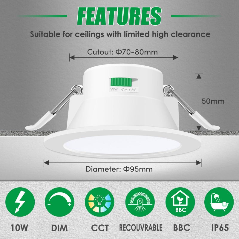ALUSSO LED Recessed Spotlights, IP65, Dimmable, 230 V 10 W, Bathroom Recessed Spotlights, Warm White, Neutral White, Cool White, Ceiling Spotlight for Bathroom, Kitchen, Living Room, Set of 12 - Image 2