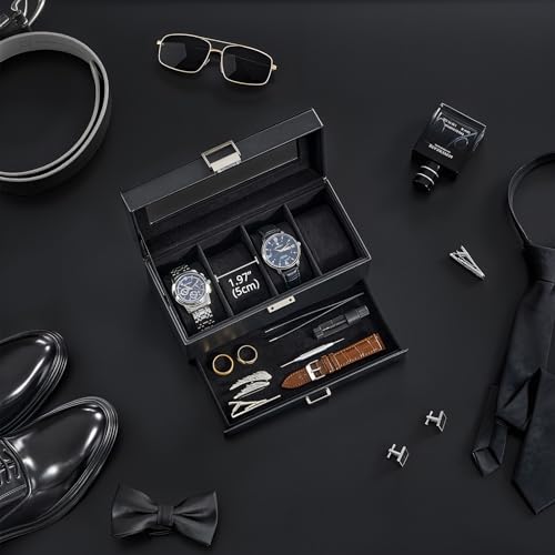 ProCase Watch Case 4 Slot Mens Watch Box Holder Organizer with Glass Lid 2Layer Watches Display Case Mens Jewelry Box with Drawer Birthday Valentine Gifts for Men Women 4 Slot Black - Image 3