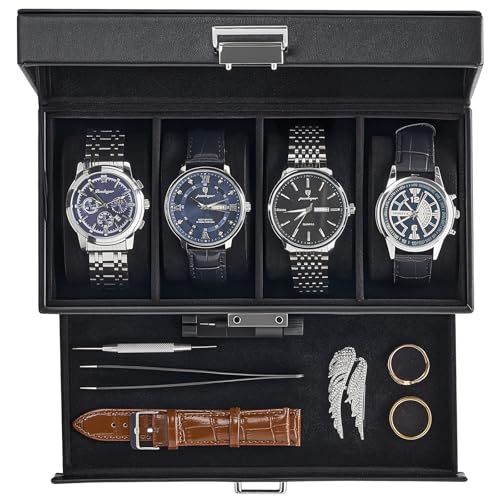 ProCase Watch Case 4 Slot Mens Watch Box Holder Organizer with Glass Lid 2Layer Watches Display Case Mens Jewelry Box with Drawer Birthday Valentine Gifts for Men Women 4 Slot Black - Image 1