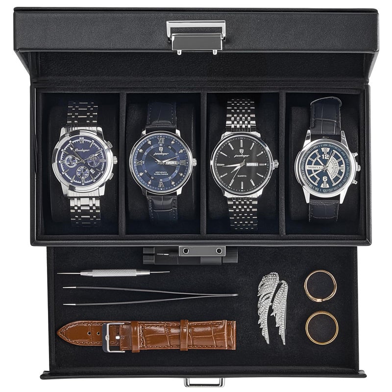 ProCase Watch Case 4 Slot Mens Watch Box Holder Organizer with Glass Lid 2Layer Watches Display Case Mens Jewelry Box with Drawer Birthday Valentine Gifts for Men Women 4 Slot Black - Image 2