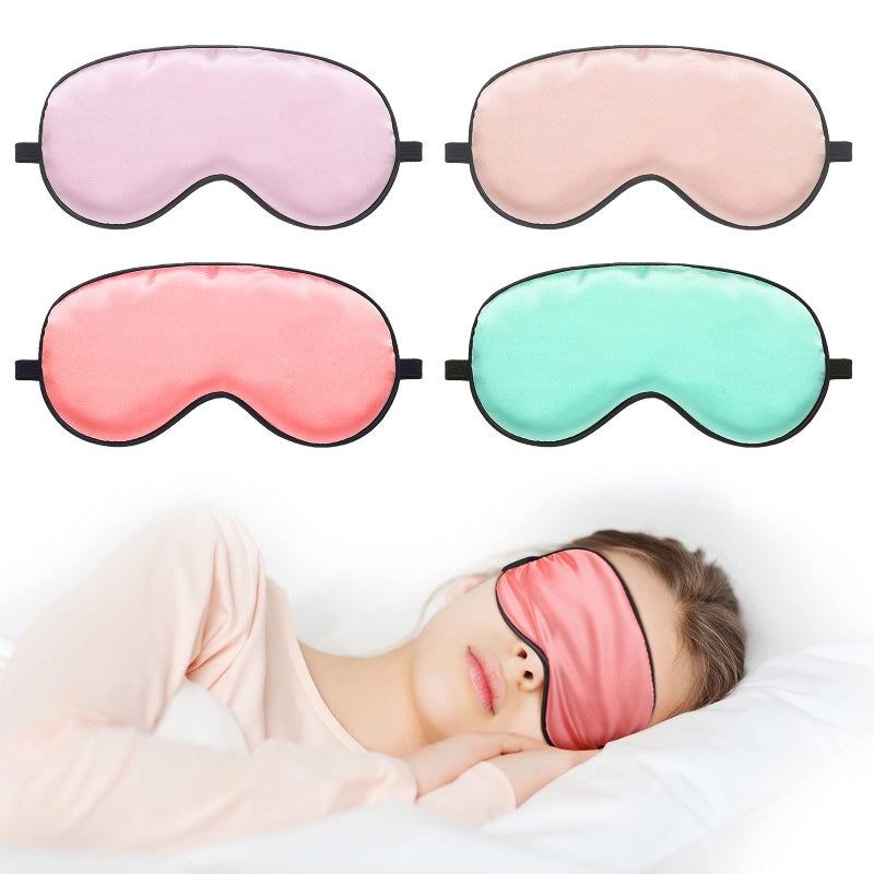 4 Pcs Silk Eye Mask for Sleeping Kids Soft Eye Cover with Adjustable Strap Blindfold for Kids Boys Girls School Travel Gift Nap Shade Blocking LightGreen Pink Violet Red
