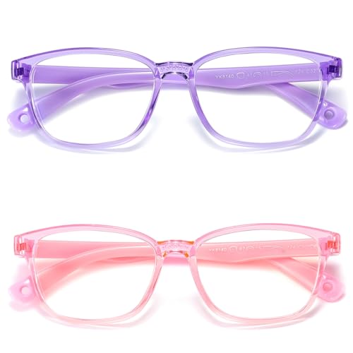 AHXLL Kids Blue Light Blocking Glasses 2 Pack, Anti Eyestrain & UV Protection, Computer Gaming TV Phone Glasses for Boys Girls Age 3-9 (Transparent Purple+ Transparent Pink) - Image 1