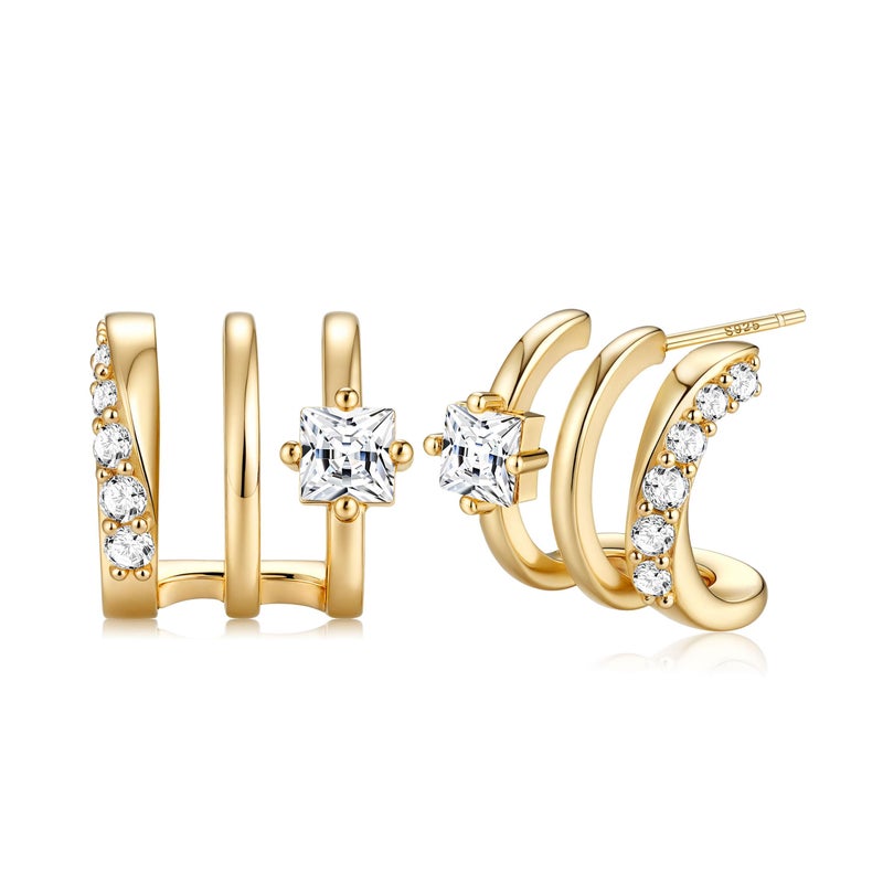 MILACOLATO S925 Sterling Silver Earrings Hypoallergenic 14K Gold Plated Triple Hoop Huggie Illusion Stud Earrings for Women Trendy Multi Hoops Claw Earrings for One Hole Lightweight Jewelry Gift GS - Image 1