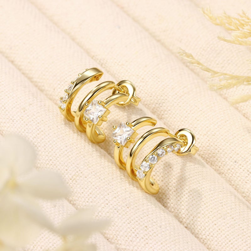 MILACOLATO S925 Sterling Silver Earrings Hypoallergenic 14K Gold Plated Triple Hoop Huggie Illusion Stud Earrings for Women Trendy Multi Hoops Claw Earrings for One Hole Lightweight Jewelry Gift GS - Image 4