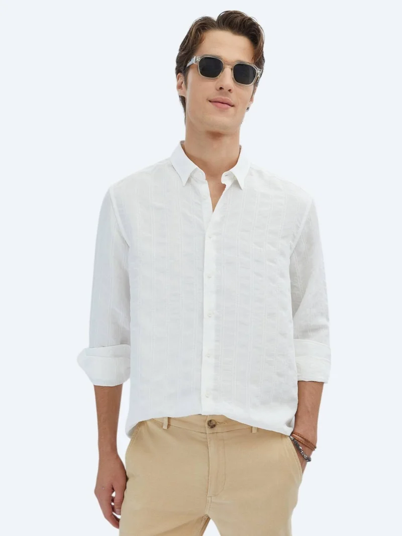 Kip White Regular Fit Long Weaving Classical Shirt