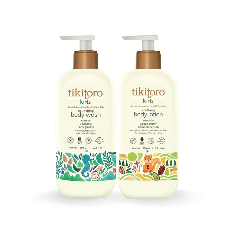 Tikitoro حزمة كومبو لجسم الأطفال | 100% نباتي مع غسول جسم مغذي ومرطب جسم مهدئ | بدون بارابين وسلفات | حزمة هدايا كومبو (العمر: 4+) (300 مل × 2) - Image 1