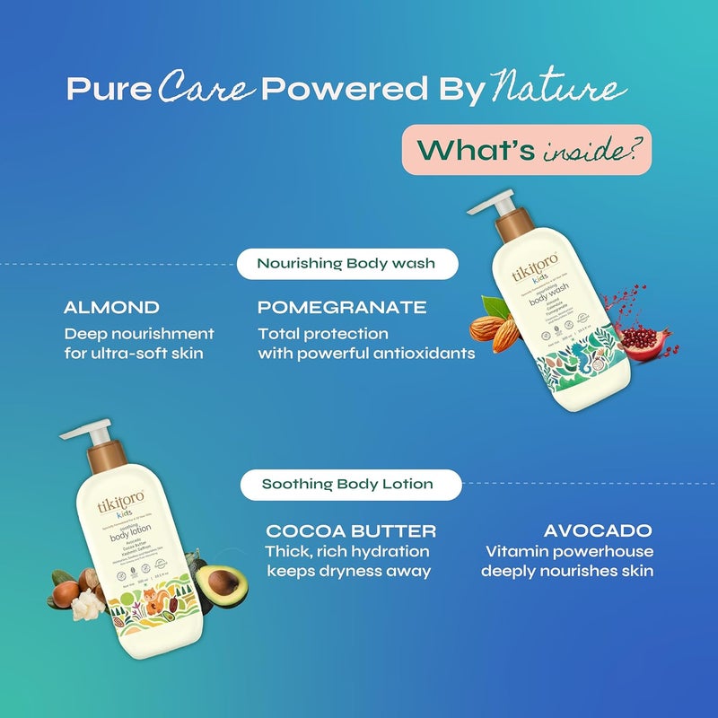 Tikitoro حزمة كومبو لجسم الأطفال | 100% نباتي مع غسول جسم مغذي ومرطب جسم مهدئ | بدون بارابين وسلفات | حزمة هدايا كومبو (العمر: 4+) (300 مل × 2) - Image 3