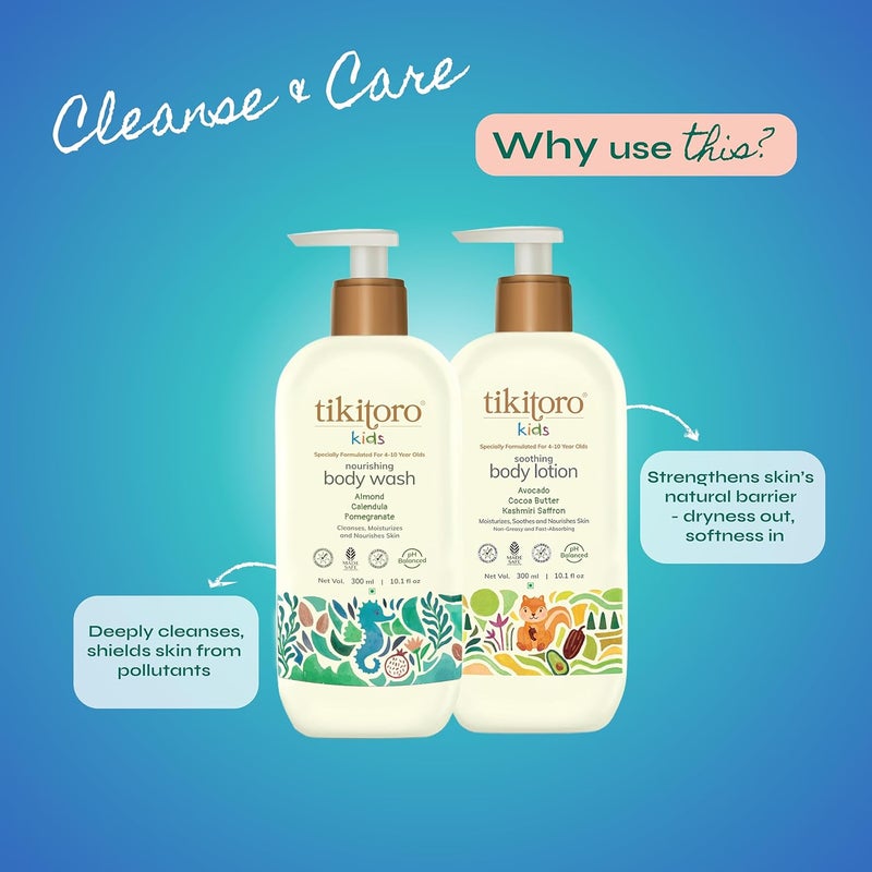 Tikitoro حزمة كومبو لجسم الأطفال | 100% نباتي مع غسول جسم مغذي ومرطب جسم مهدئ | بدون بارابين وسلفات | حزمة هدايا كومبو (العمر: 4+) (300 مل × 2) - Image 2