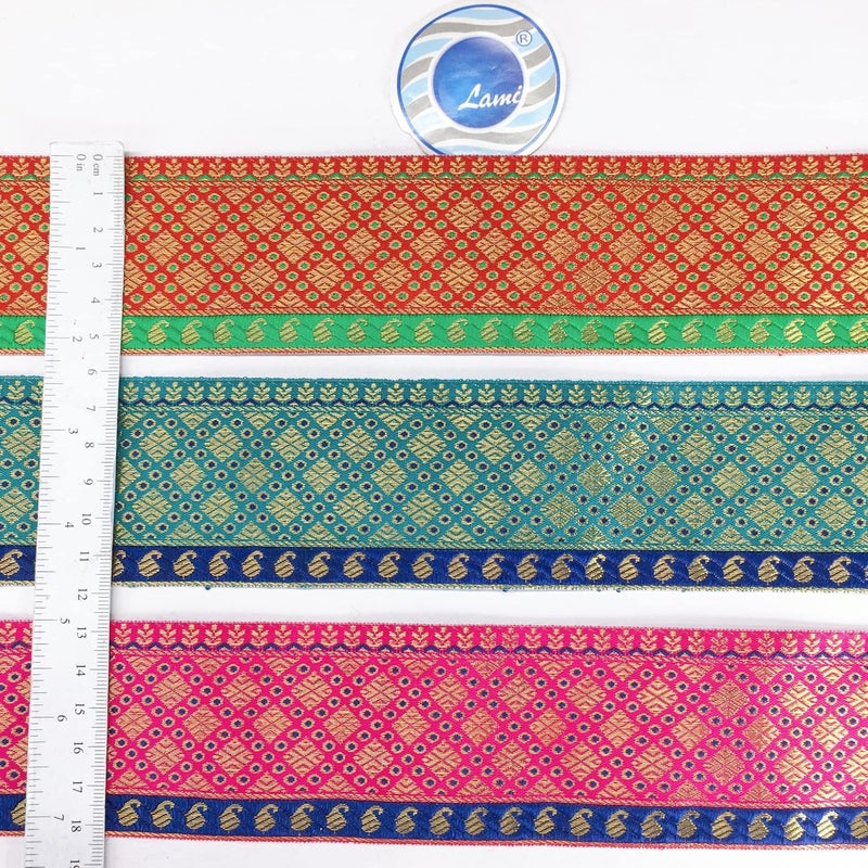 Lami لأمي 9 متر تصميم مربع أحمر حواف دانتيل جاكار للفساتين، الساري، حواف ليهينغا، دوباتا، حقيبة، حرف وزينة - Image 4