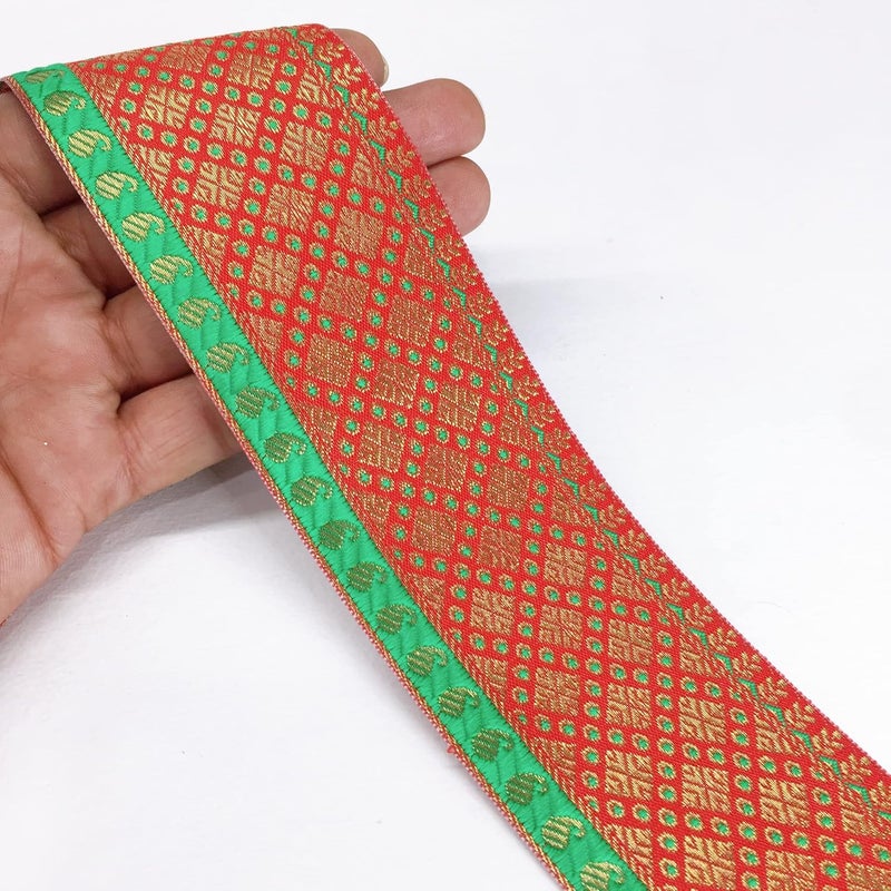 Lami لأمي 9 متر تصميم مربع أحمر حواف دانتيل جاكار للفساتين، الساري، حواف ليهينغا، دوباتا، حقيبة، حرف وزينة - Image 5