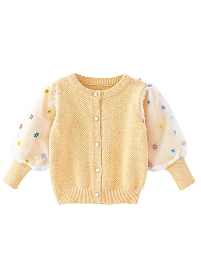 صندوق المفاجآت الصغيرة Yellow Floral Puff Style Stylish Warmer Cardigan & Christmas Sweater for toddlers & Kids