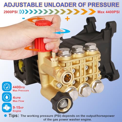 Biswing Pressure Washer Pump, 1" Shaft Horizontal Triplex Plunger, 4400 PSI Max, 4 GPM, Direct Drive Pump with Adjustment Unloader, Replacement Pumps for Cold Water Gas Power Pressure Washer - Image 2