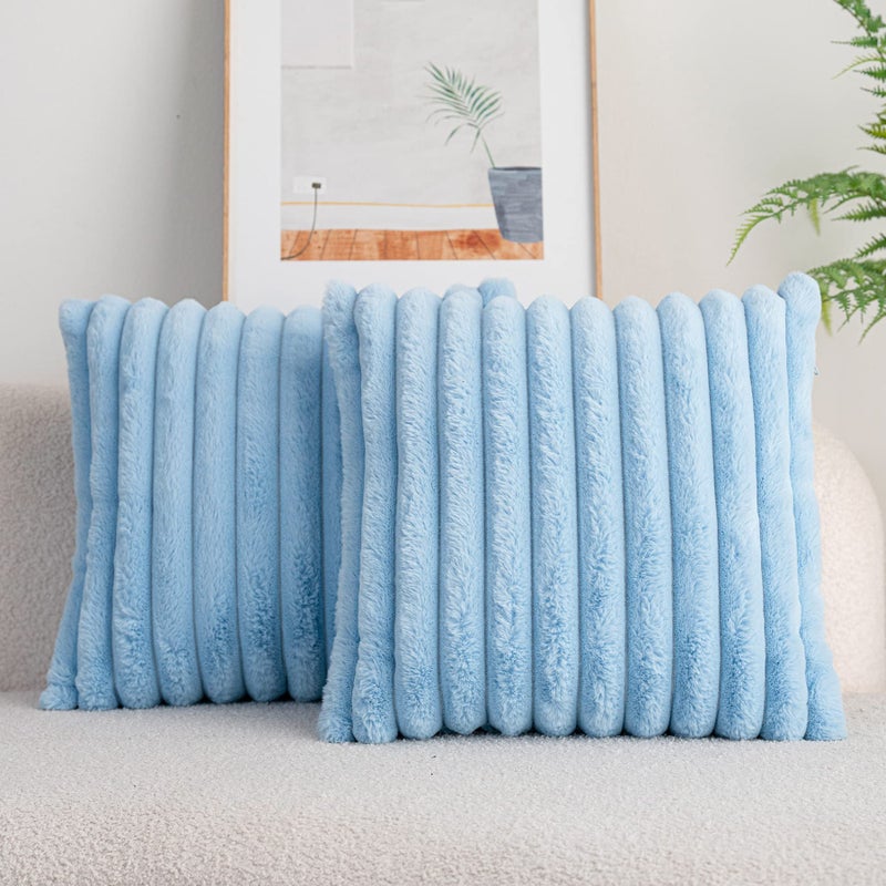 DEELAND Pack of 2DoubleSided Faux Fur Plush Decorative Throw Pillow Covers Fuzzy Striped Soft Pillowcase Cushion Covers for Sofa Couch Bedroom Lightblue 18x18 inch - Image 2