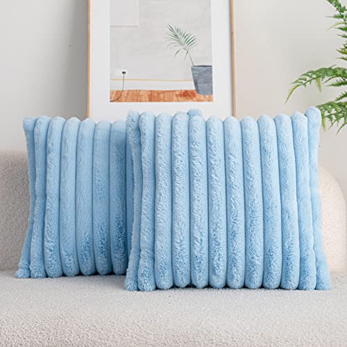 DEELAND Pack of 2DoubleSided Faux Fur Plush Decorative Throw Pillow Covers Fuzzy Striped Soft Pillowcase Cushion Covers for Sofa Couch Bedroom Lightblue 18x18 inch - Image 1