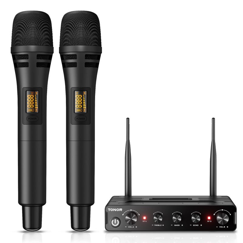 TONOR TONOR Wireless Microphone Systems, UHF Cordless Karaoke Microphones, Handheld Dynamic Mic Microfono Kit with Receiver for Karaoke, Singing, Church, Adjustable Frequencies, 200ft Range TW350 Black  - Image 1